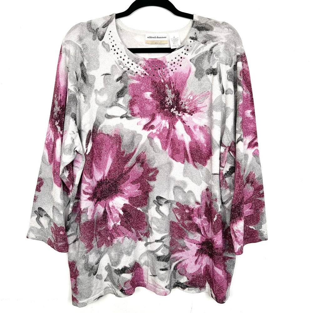 Alfred Dunner Sweater Shimmer Embellished Fuschia Pink‎ Purple Silver Floral 2X